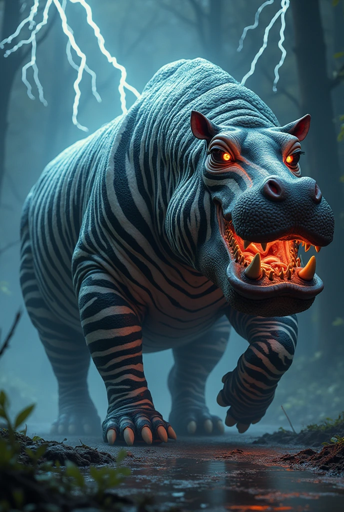 "Design a hippopotamus and zebra fusion with glowing eyes and intertwined scales and fur, exuding raw, terrifying power."