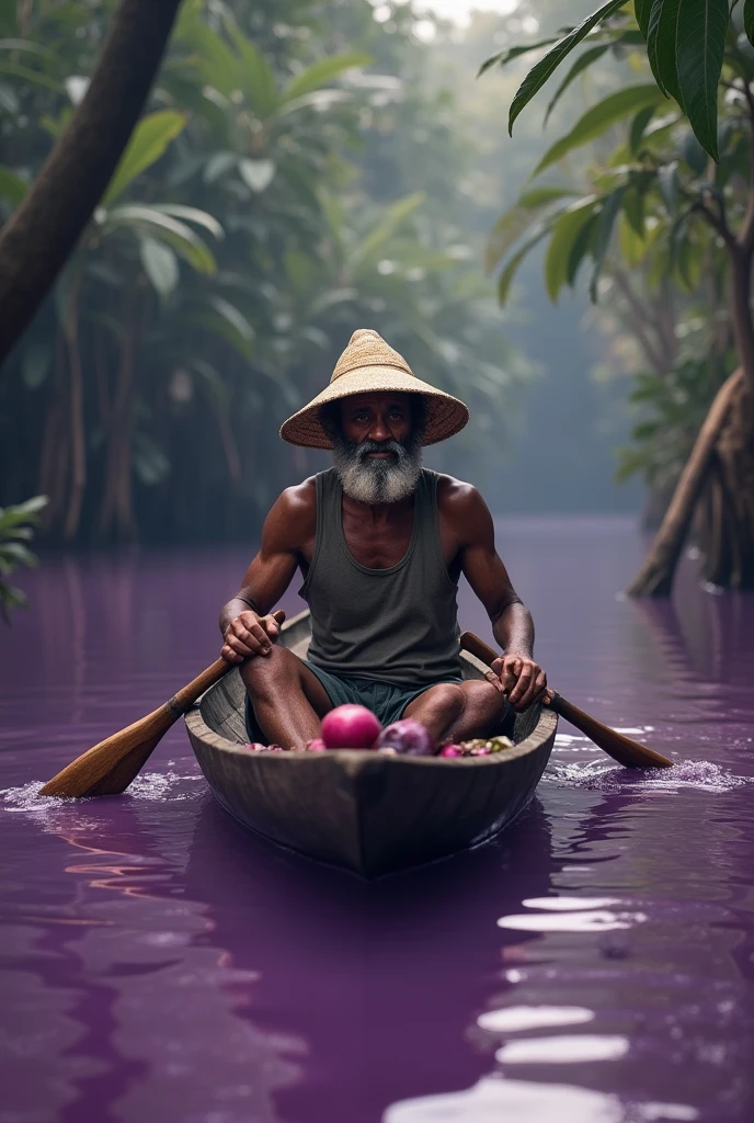 a dark-skinned elderly gentleman ,with a straw hat covering his face,She is in a wooden canoe with the açaí fruit in the front and in the back with a paddle inside the purple river. , acai color , the boat is tipped to the left side , I want a small image for logan
