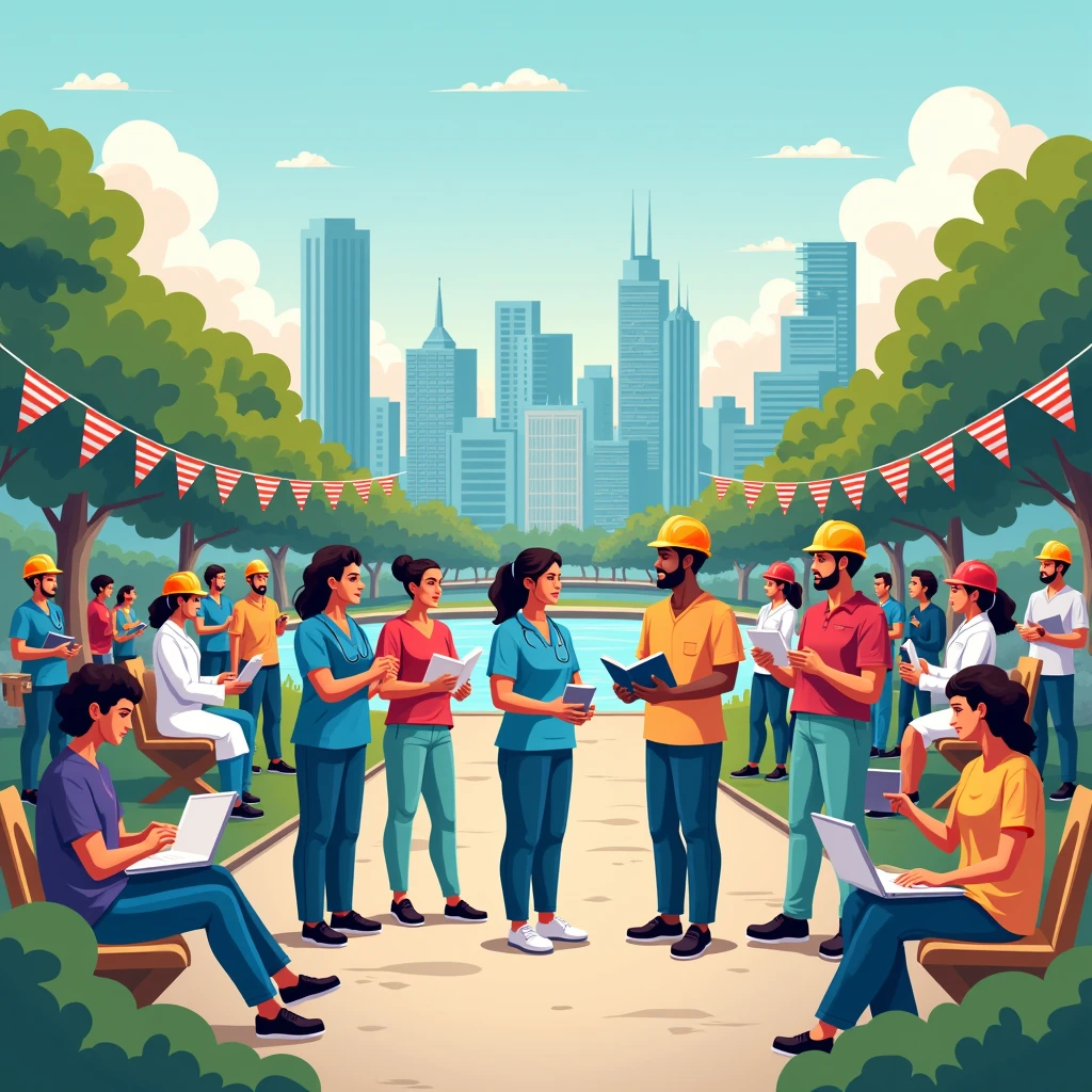 Create an illustration celebrating Labor Day, depicting a diverse group of workers from various industries such as healthcare, construction, education, and technology. The scene should show them united, working together, or enjoying a day off in a vibrant, community-focused environment. Include symbols of labor, such as tools, books, or medical equipment, and incorporate elements that convey unity, appreciation, and the spirit of hard work. The setting can be a park or a cityscape, with a warm, welcoming atmosphere and a mix of vibrant colors."