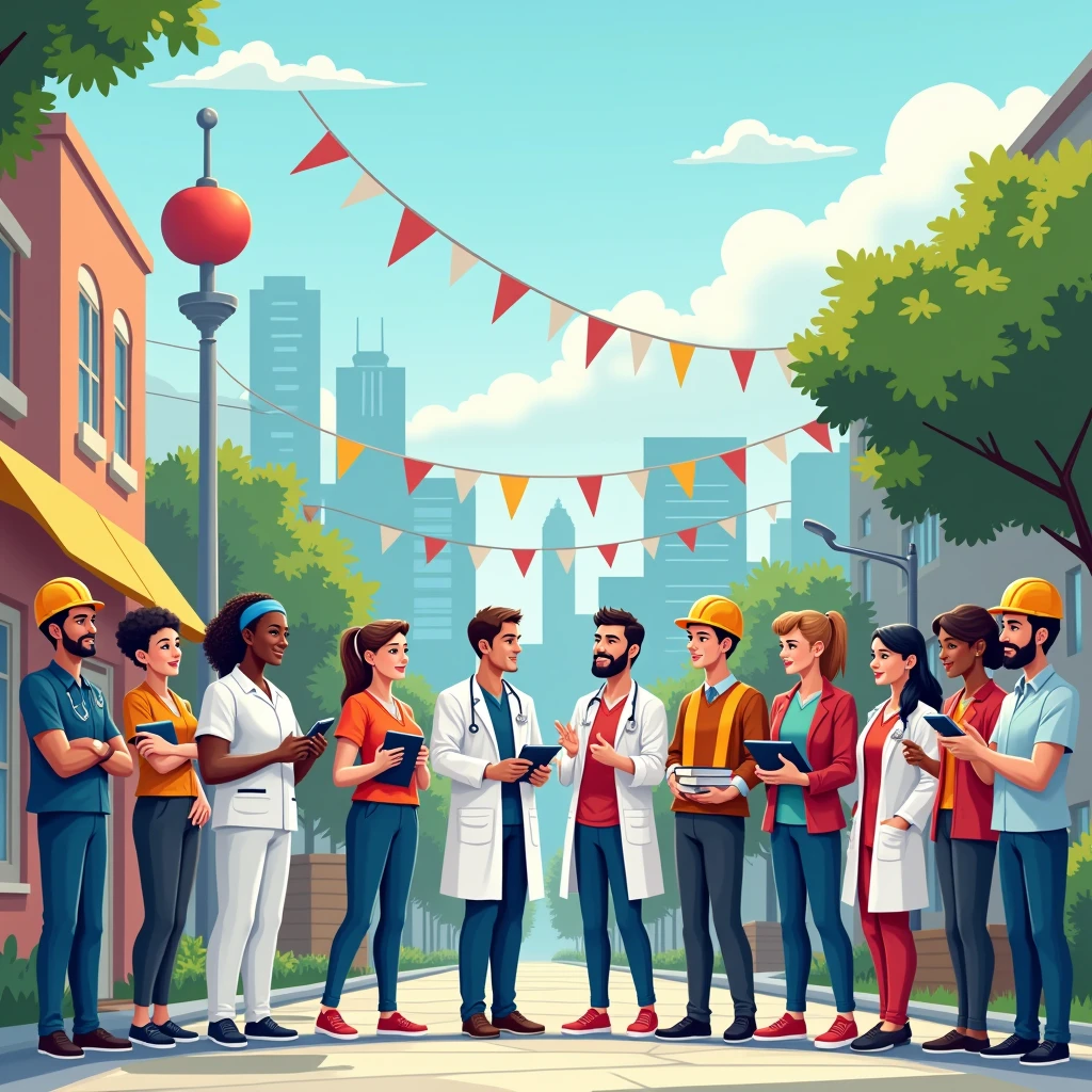 Create an illustration celebrating Labor Day, depicting a diverse group of workers from various industries such as healthcare, construction, education, and technology. The scene should show them united, working together, or enjoying a day off in a vibrant, community-focused environment. Include symbols of labor, such as tools, books, or medical equipment, and incorporate elements that convey unity, appreciation, and the spirit of hard work. The setting can be a park or a cityscape, with a warm, welcoming atmosphere and a mix of vibrant colors."