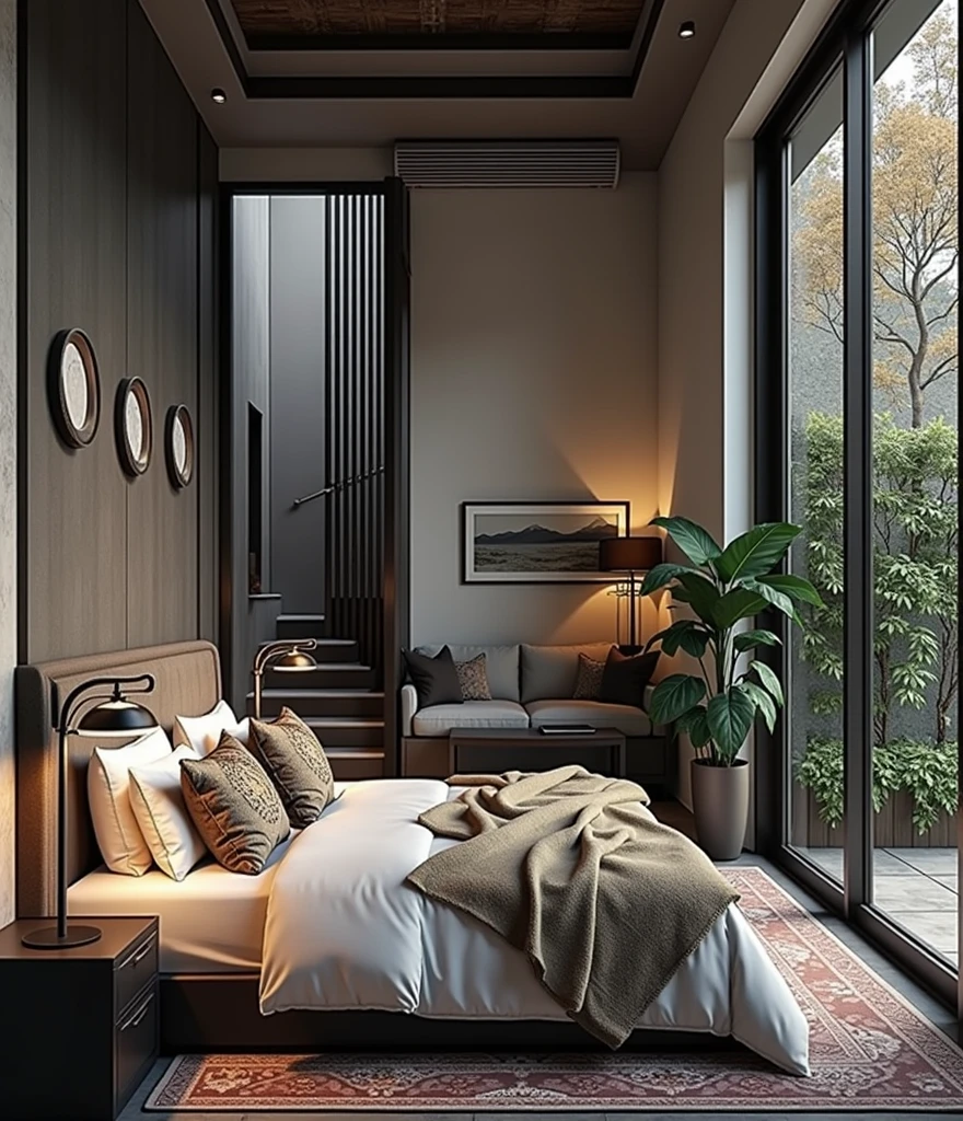 Indochina bedroom interior design, bedroom with bed, lamp, carpet, pillow, couch, tiled floor, black wood furniture, picture frame, daytime, 8k uh, DSLR, soft light, quality high, film grain, Fujifilm XT3