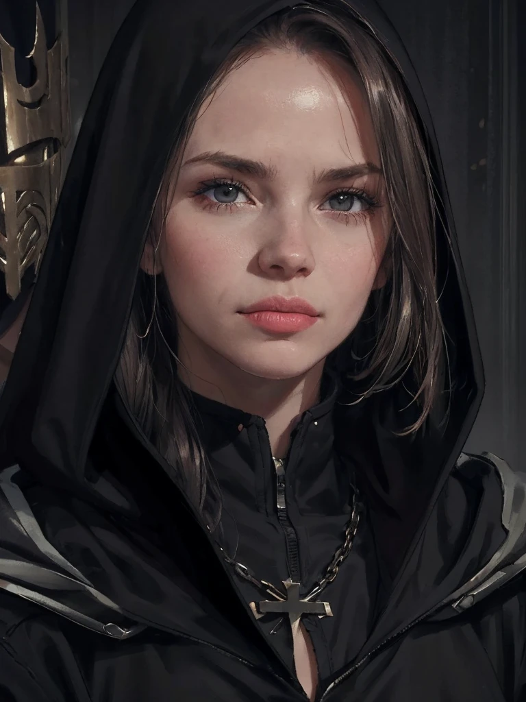 Close-up portrait of a young woman with a rebellious and defiant expression. His face is in the foreground, softly and dimly lit, highlighting her light skin. He wears a black hood that covers most of his head., leaving only his mouth and tongue visible. About the hood, A white cross stands out at the top, contrasting with the dark fabric. the woman has her mouth open, showing a wide, provocative smile while sticking her tongue out, creating a bold and defiant effect. The light is subtle, with soft shadows that add a dramatic touch to the face and hood. The style is hyperrealistic, capturing the details of the fabric texture, Shiny teeth and wet tongue,The hood covers his eyes and nose,only the mouth visible