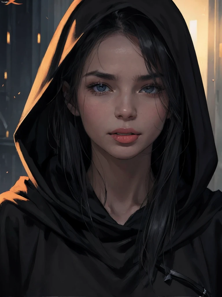 Close-up portrait of a young woman with a rebellious and defiant expression. His face is in the foreground, softly and dimly lit, highlighting her light skin. He wears a black hood that covers most of his head., leaving only his mouth and tongue visible. About the hood, A white cross stands out at the top, contrasting with the dark fabric. the woman has her mouth open, showing a wide, provocative smile while sticking her tongue out, creating a bold and defiant effect. The light is subtle, with soft shadows that add a dramatic touch to the face and hood. The style is hyperrealistic, capturing the details of the fabric texture, Shiny teeth and wet tongue,The hood covers his eyes and nose,only the mouth visible