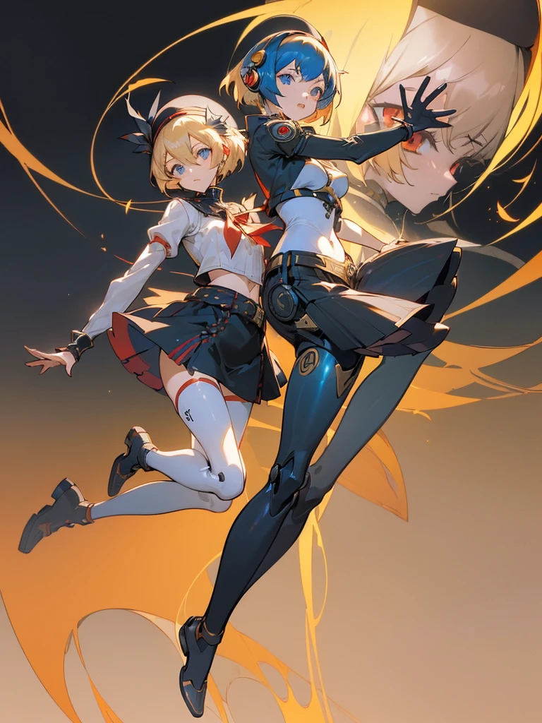 (((first girl))((Metis))((persona 3)) ((robot)) ((girl)) ((black torso)) ((golden belt)) ((black metal skirt)) ((feathers skirt)) ((red eyes)) ((short black hair)) ((golden headphones)) ((red headwear)) 4k )

(((Second girl ))((aigis)) ((persona 3)) ((robot)) ((shor hair)) ((blonde hair)) ((blue eyes)) ((white torso)) ((golden details)) ((golden headband)) ((big ribbon chest)) ((pretty)) ((4k)

2 girls together, 2 girls interacting ((dynamic pose)) ((cool pose)) ((fullbody)) 
 Colorful environment pretty environment floating in the air happy together zoom halfbody zoom faces