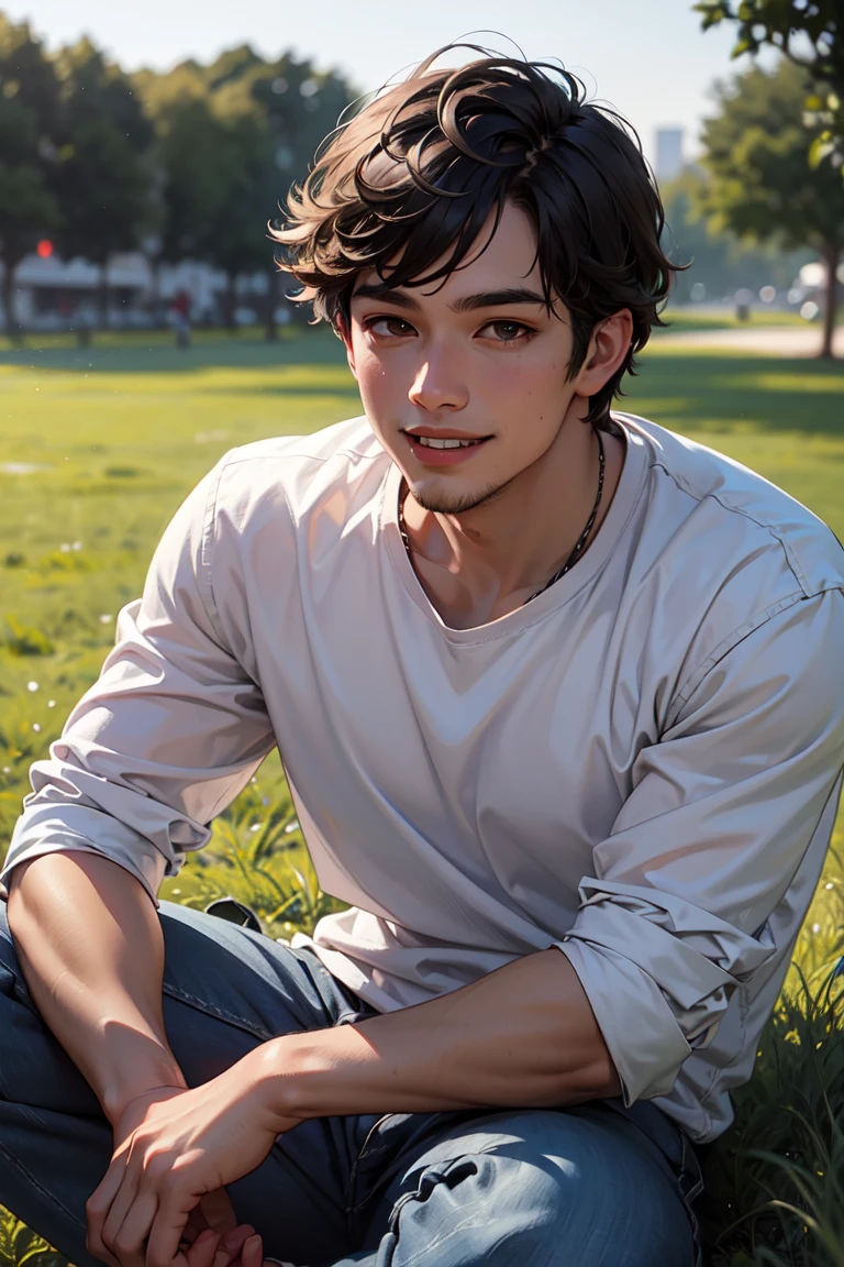 ((best quality, highly detailed)), masterpiece, ultra highres, (photorealistic:1.3), 1boy, detailed manly face, brown eyes, messy hair style, jet black hair, sitting on grass, Shirt, smiling, bokeh