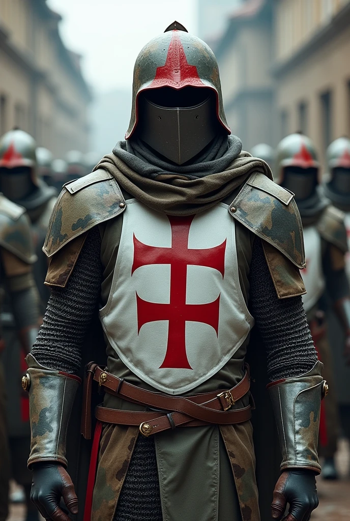 image of the templar army in the 21st century mix the templar soldier's armor with a camouflage helmet with a red crest modern white tactical vest with a large red cross painted on the vest , characteristic uniform of the 21st century dark gray military boots and a steel chainmail outfit