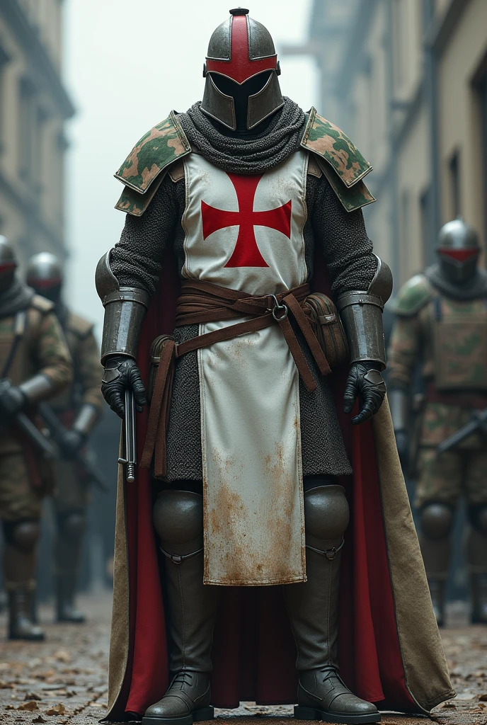 image of the templar army in the 21st century mix the templar soldier&#39;s armor with a camouflage helmet with a red crest modern white tactical vest with a large red cross painted on the vest , characteristic uniform of the 21st century dark gray military boots and a steel chainmail outfit