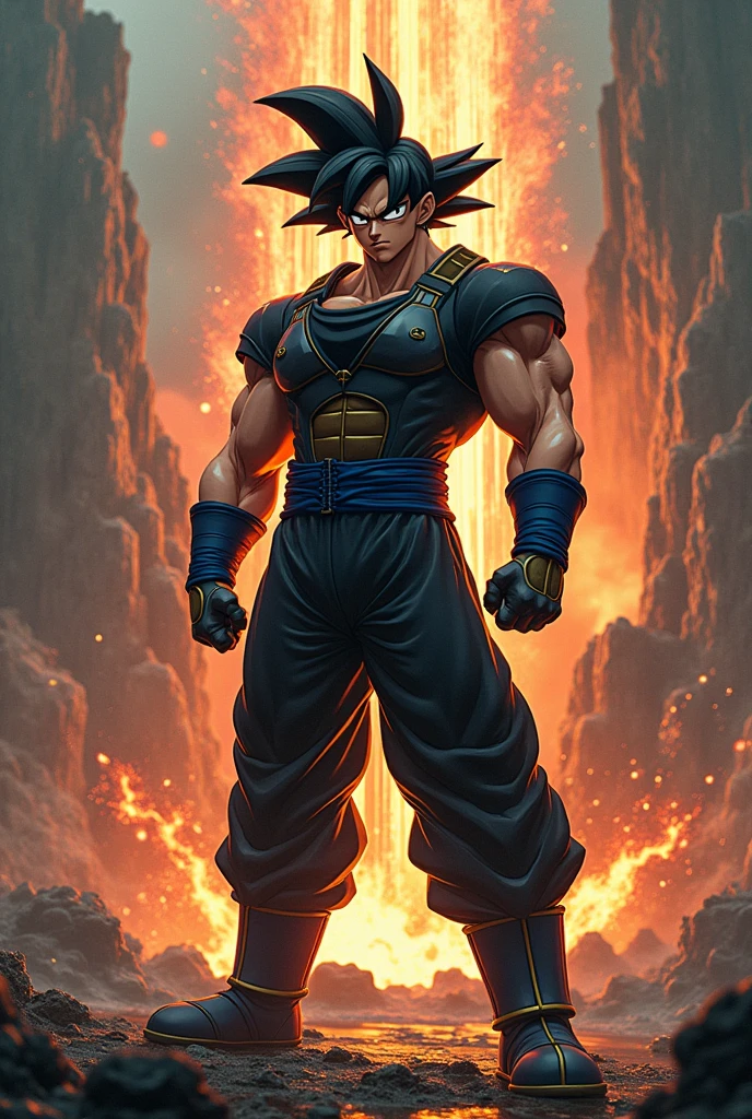 high quality 4k,8k,16k UHD ((ultra-realistic, highly detailed, photorealistic:1.4)), ((epic, cinematic, dramatic:1.3)), muscular male anime character, Goku in a black Metal Gear outfit, striking heroic pose, complex background with blasting island, intricate details, ultra-detailed CG, best quality masterpiece, finest illustration, perfect shadows, explosive lighting, vibrant color palette, ((fusion of Goku and Metal Gear)), inspired by Akira Toriyama, Yoji Shinkawa, Dave Rapoza ((more detail, enhanced, poakl))