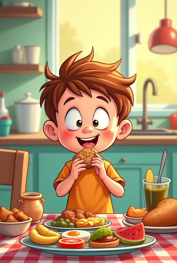 Cartoon of a boy trying different foods.