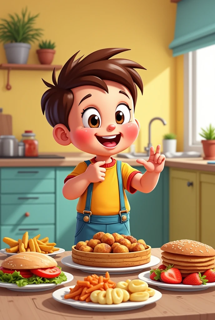 Cartoon of a boy trying different foods.