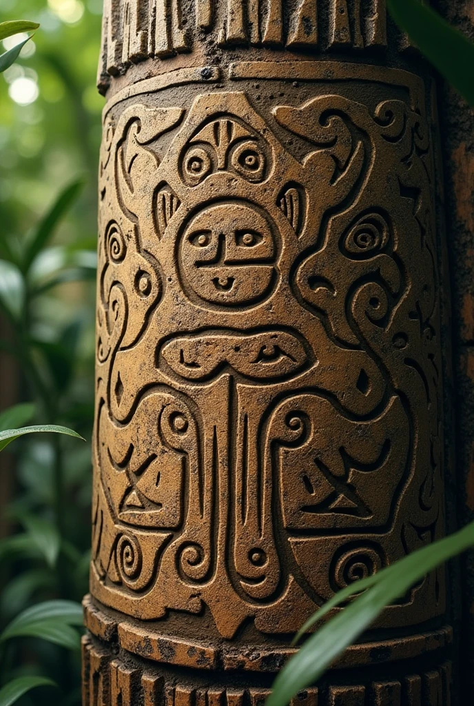 I would like an image that represents a writing system inspired by the Tupi people., who were warriors living in harmony with the Amazon rainforest. The image must contain elements that refer to the rich Tupi culture, including symbols that could have been used by them for written communication. The scene must include the Amazon rainforest in the background, highlighting the people&#39;s connection with nature. Symbols should be drawn in such a way that they appear to be engraved on stones or tree trunks., replicating an authentic and historical aesthetic.