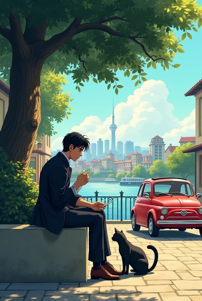 Make a picture of Lupin The Third from part 5 with his suit included but without the jacket,with rolled up sleeves and petting a black cat under a tree while sitting on a small concrete wall while looking at the landscape which is a small city with a lake nearby and next to him is Jigen smoking in his Part 5 suit and the Fiat 500 parked on the side. Let them be the original characters Jigen and Lupin from part 5 of the TV series 