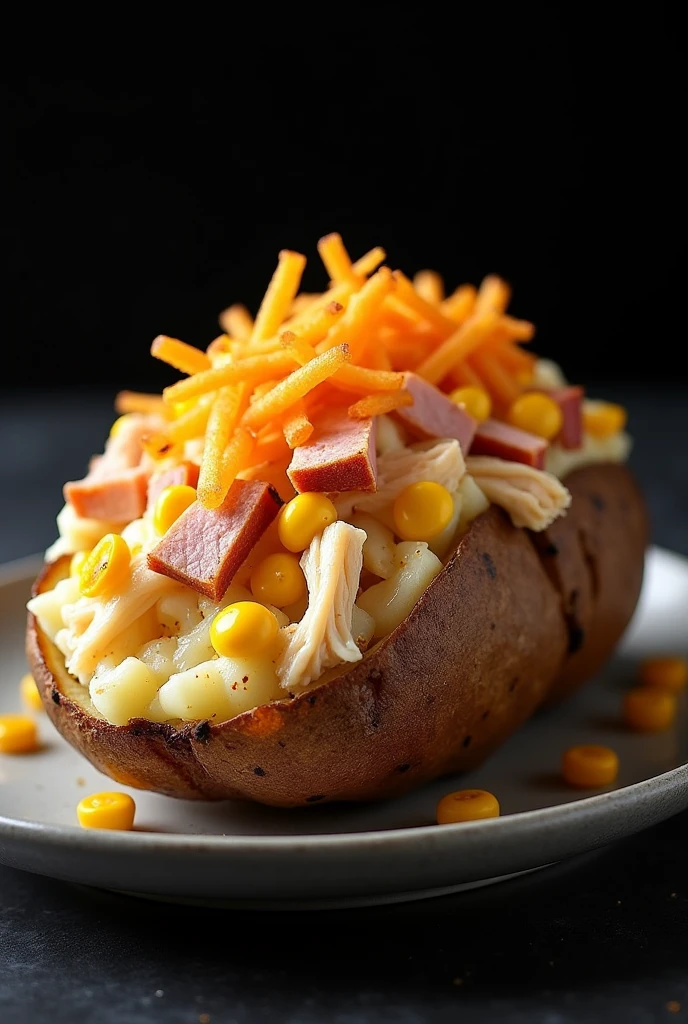 A high-quality, professional image on a black background featuring a halved baked potato stuffed with shredded chicken, sweetcorn, diced ham and cream cheese on the edges. The potato is finished with a golden, buttery layer of crispy straw potatoes running the length of the potato. The lighting is perfect to highlight the succulence of the dish, creating a 'food porn' effect that triggers a strong desire to taste and creates something in the mouth.