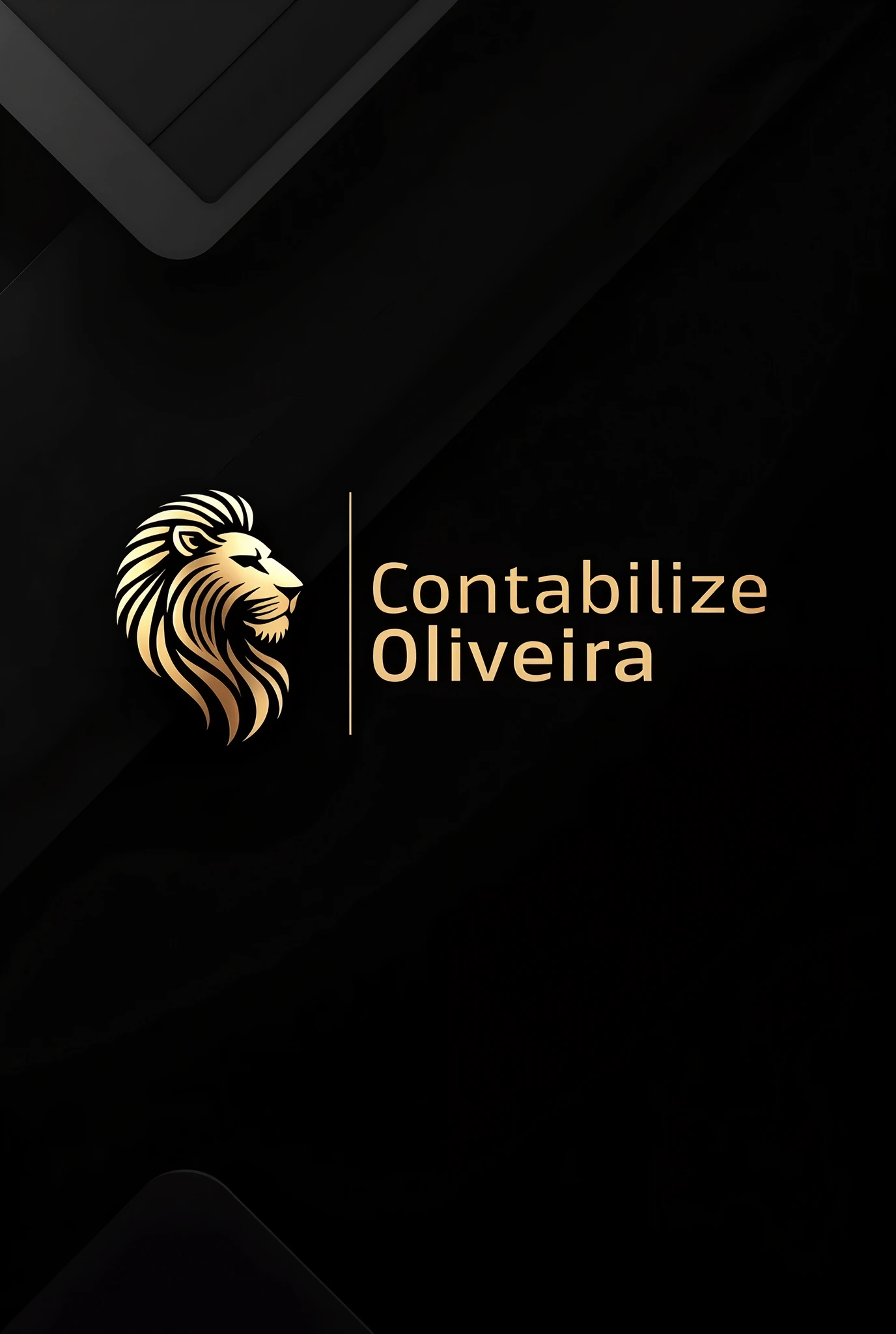 A logo for an accounting firm with the name Contabilize Oliveira. In black and gold colors, with dark background and lion image with futuristic fonts.
