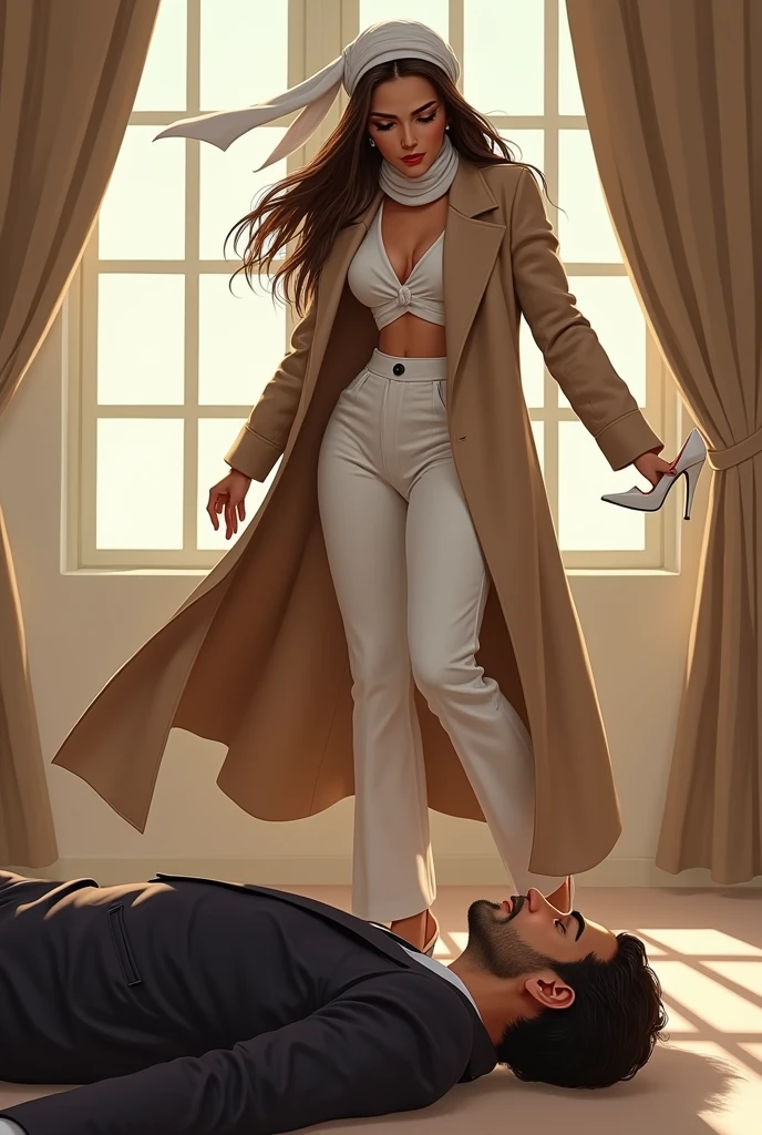 Iranian Mistress,brown hairs, wearing light brown manteau, wearing white blouse, wearing white boot-cutpants, wearing white scarf around hairs , wearing white high heel sandals, trampling man's face, man's face trampled by mistress shoe, man wearing suit, mistress puts her shoe on man's face, man's face trampled by mistress shoe, man lying down under mistress, surrendering against mistress, mistress victory posing on man, femdom, penthouse