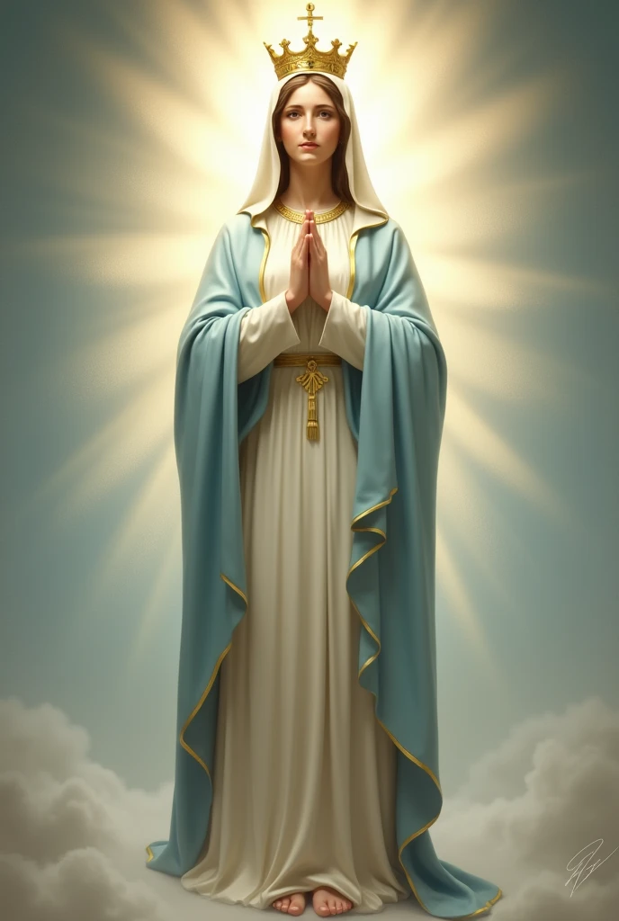 "Create a detailed image of Our Lady of Fatima. She is depicted standing with her hands together in prayer, wearing a pure white gown and a light blue or white mantle. A golden crown adorns her head, and a soft, glowing halo surrounds her. The background should be simple, with a radiant light emanating from behind her, creating an aura of peace and divinity. The setting should convey serenity, holiness, and a sense of sacred presence."