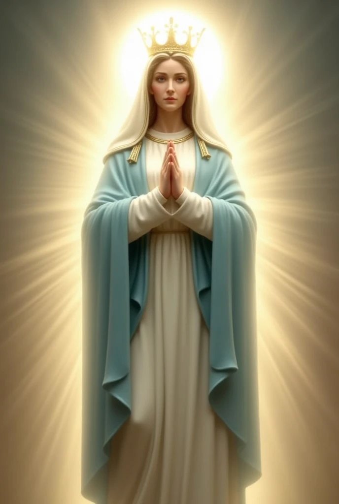 "Create a detailed image of Our Lady of Fatima. She is depicted standing with her hands together in prayer, wearing a pure white gown and a light blue or white mantle. A golden crown adorns her head, and a soft, glowing halo surrounds her. The background should be simple, with a radiant light emanating from behind her, creating an aura of peace and divinity. The setting should convey serenity, holiness, and a sense of sacred presence."