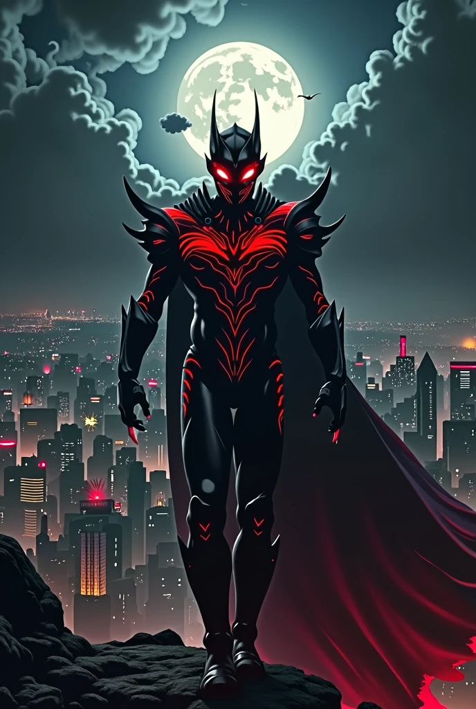 Ultraman、Black body with thick red lines、Bodybuilder's physique、An evil look、Red eyes、Tree Eyes、Thread-thin eyes、Mask of the Black Knight、charisma、Wearing a cloak、Claws、A hard, strong body、Armor Decoration、Red color timer on the chest、Small round color timer、Destroy the city、night、RAW Photos