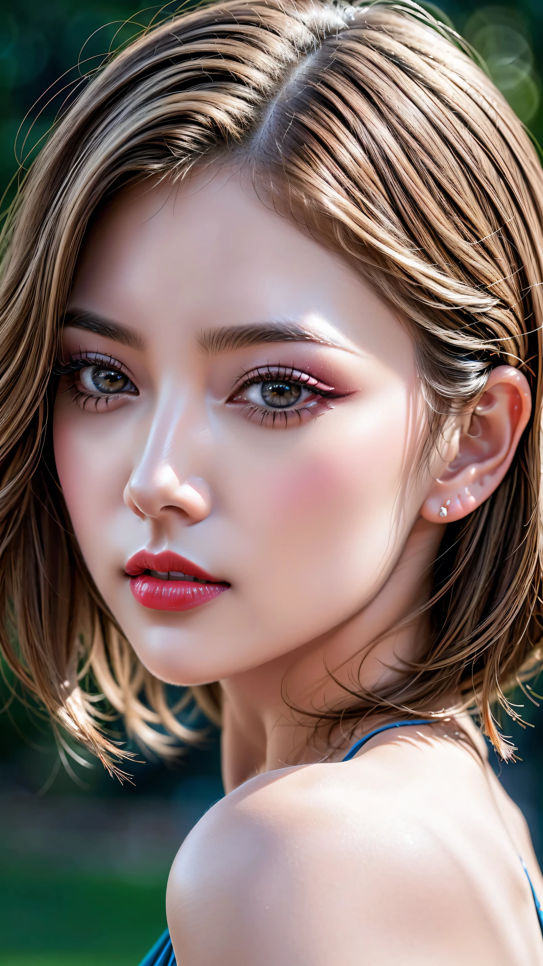 Realism, Realistic, ((ultra realistic details: velvety skin, blonde short slicked to the side hair, symmetrical lips, light glossy red_lipstick, long blue_eyelashes, pupils, BREAK ((brown_eyes))), anatomicallycorrect, perfect proportions), BREAK Hyper-Photorealistic ((portrait)) a cute 1model:1.4 24yo, dslr, best high quality soft lighting, sharp focus captured by Fujifilm XT3, f 5.6, in a dramatic lighting, l (perfect composition), ((pale skin)), ((dry skin)),