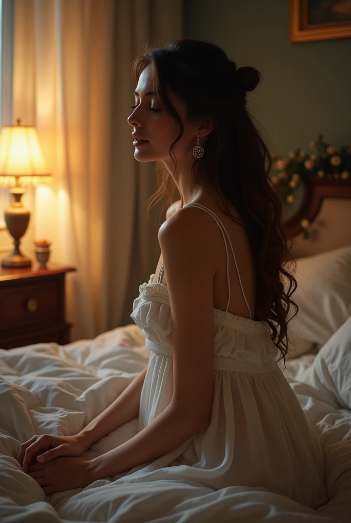 "A young girl meditating in her bedroom, perched on her bed beside a window overlooking a serene garden. Soft rays of golden sunlight gently filter through the translucent curtains, casting a warm glow on the room. The girl, with closed eyes and a serene expression, sits cross-legged in her tranquility, her long, flowing hair cascading down her back. The room is adorned with vibrant tapestries, each depicting a different scene from nature, infusing the space with a sense of tranquility and harmony. The air is rich with the fragrance of blooming flowers, mingling with the gentle aroma of incense. In the corner of the room, a majestic ebony cat, elegantly poised like a guardian spirit, watches over the girl with a wise and mysterious gaze. Its sleek fur, dappled with moonlit shadows, shimmers as if kissed by moonbeams. The girl's serene energy resonates with her feline companion, revealing an unspoken bond between them. Together, they create a blissful tableau, a moment frozen in time, captured in a captivating painting with delicate brushstrokes that expertly capture the nuances of light and shadow, evoking a profound sense of peace and introspection"