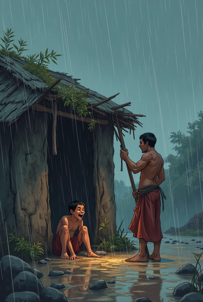 Ek bhukhar hai Garib aadami bahut bada jhopadi Ghar per banata Hua Barish Aata Hua Barish ke bich kar apna Ghar banata hai uska video uska baccha Barish Mein baithkar RO Rahe Hain Sab catoon style mein