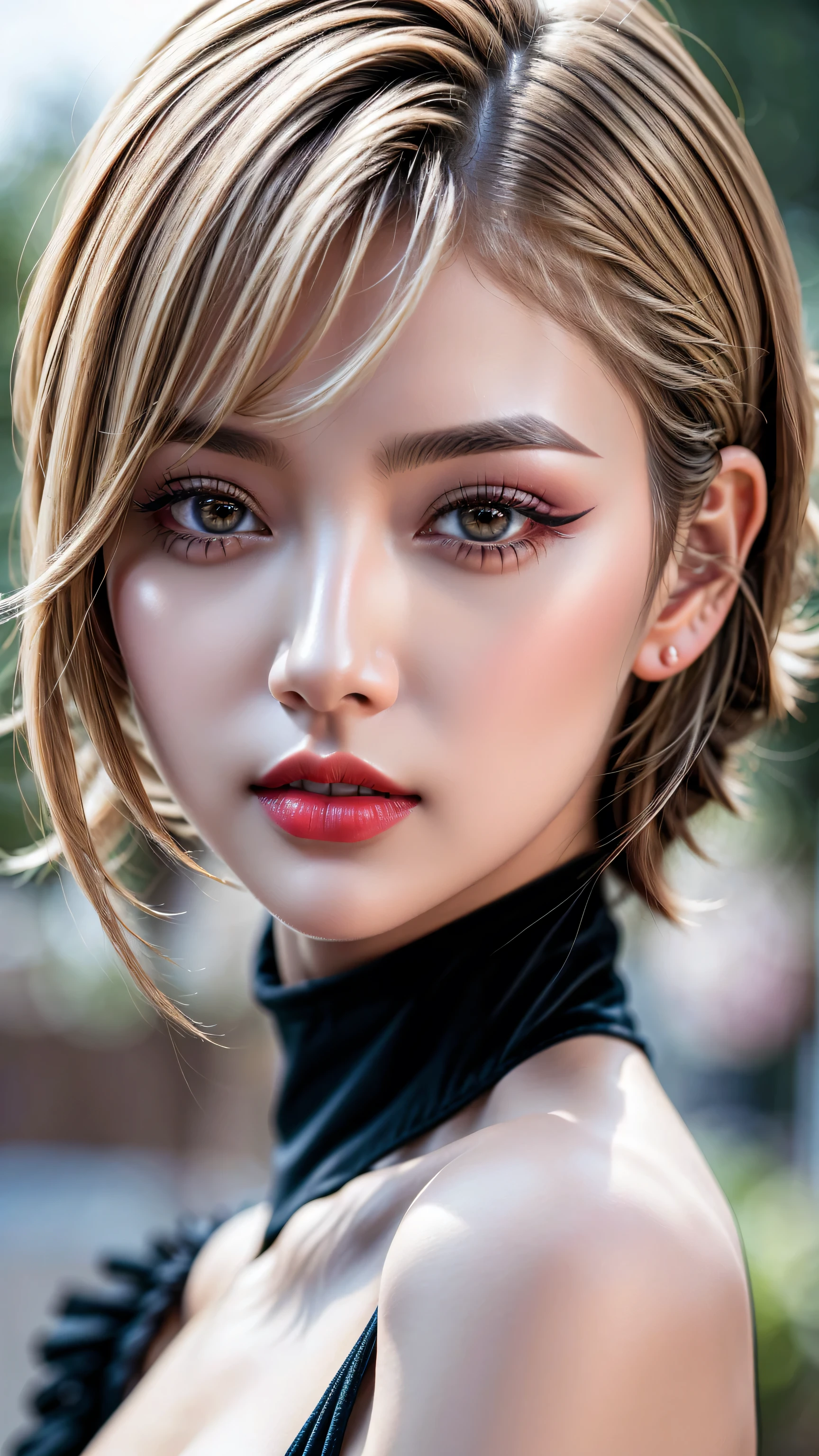 Realism, Realistic, ((ultra realistic details: velvety skin, blonde short slicked to the side hair, symmetrical lips, light glossy red_lipstick, long blue_eyelashes, pupils, BREAK ((brown_eyes))), anatomicallycorrect, perfect proportions), BREAK Hyper-Photorealistic ((portrait)) a cute 1model:1.4 24yo, dslr, best high quality soft lighting, sharp focus captured by Fujifilm XT3, f 5.6, in a dramatic lighting, l (perfect composition), ((pale skin)), ((dry skin)),