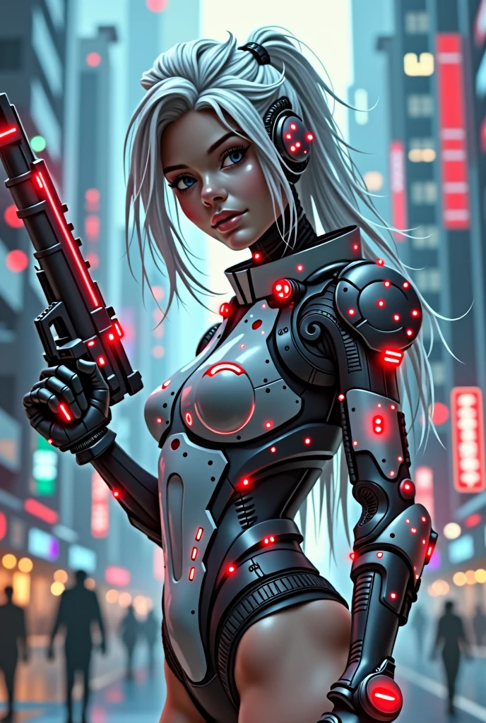 Cyber girl with futuristic helmet and futuristic weapons in a city., cute chica cyborg, chica cyberpunk mech, Wojtek FUS, beautiful cyborg girl, chica cyborg, Cyborg - Chica with silver hair, Digital cyberpunk art, Cyborg - Chica, girl with mecha cybernetic armor, beautiful cyberpunk girl face, beautiful digital artwork, ross tran 8k, perfect android girl