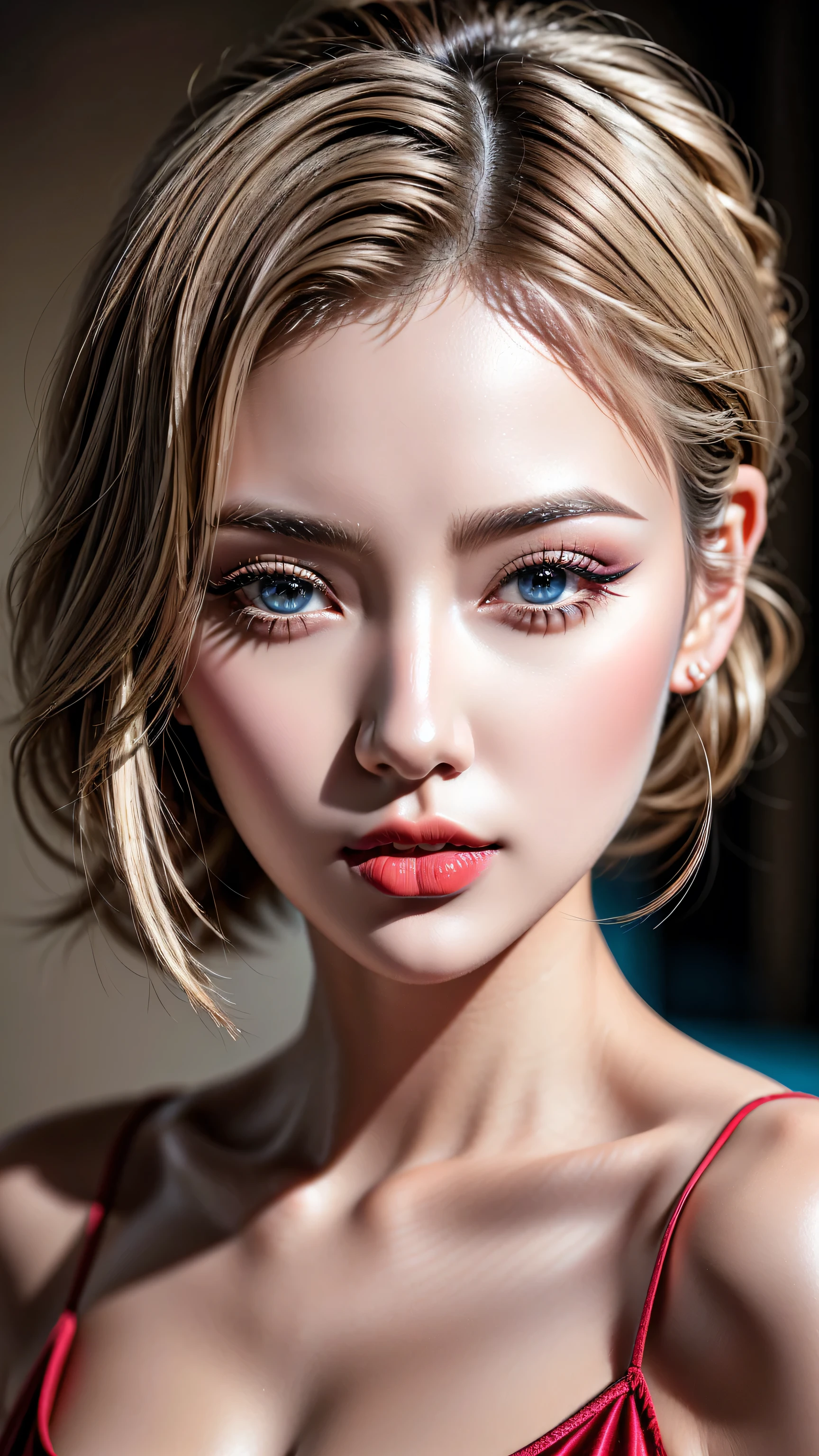 Realism, Realistic, ((ultra realistic details: velvety skin, blonde short slicked to the side hair, symmetrical lips, light glossy red_lipstick, long blue_eyelashes, pupils, BREAK ((brown_eyes))), anatomicallycorrect, perfect proportions), BREAK Hyper-Photorealistic ((portrait)) a cute 1model:1.4 24yo, dslr, best high quality soft lighting, sharp focus captured by Fujifilm XT3, f 5.6, in a dramatic lighting, l (perfect composition), ((pale skin)), ((dry skin)),