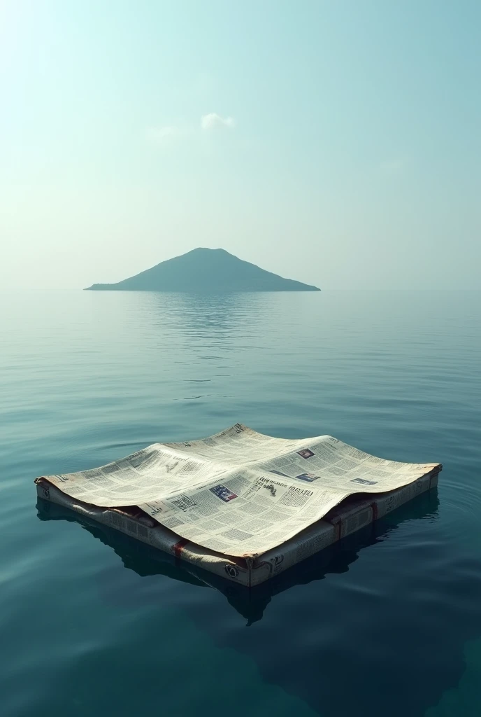 Uma jangada feita com TRÊS PAPÉIS de jornal e uma ilha withouth People, A RAFT MADE FROM JUST THREE SHEETS OF NEWSPAPER. ONLY THREE. withouth People. AND A DISTANT ISLAND. THREE NEWSPAPERS.