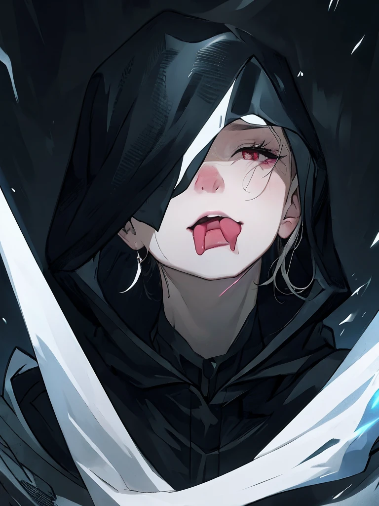 Close-up portrait of a young woman with a rebellious and defiant expression. His face is in the foreground, softly and dimly lit, highlighting her light skin. He wears a black hood that covers most of his head., leaving only his mouth and tongue visible. About the hood, A white cross stands out at the top, contrasting with the dark fabric. the woman has her mouth open, showing a wide, provocative smile while sticking her tongue out, creating a bold and defiant effect. The light is subtle, with soft shadows that add a dramatic touch to the face and hood. The style is hyperrealistic, capturing the details of the fabric texture, Shiny teeth and wet tongue,The hood covers his eyes and nose,only the mouth visible