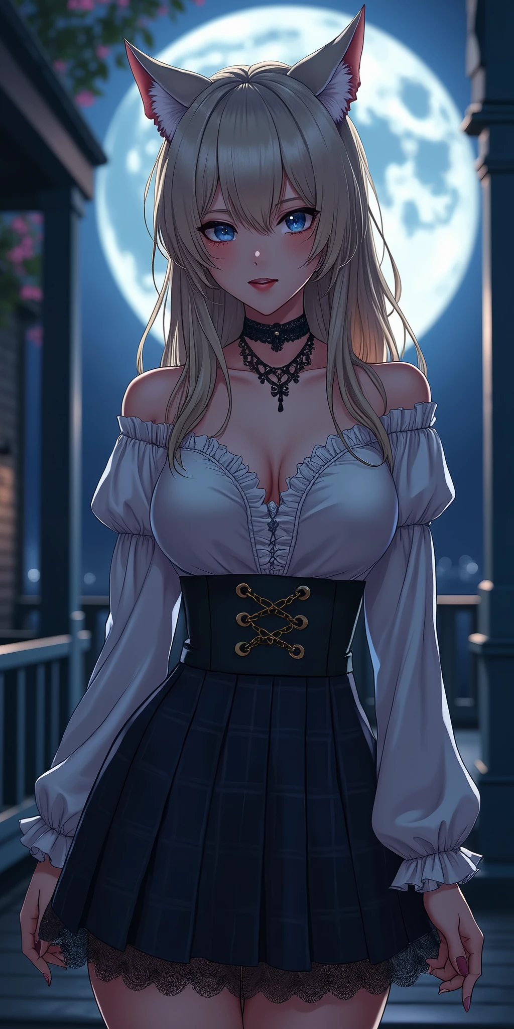(best quality, ultra-detailed, photorealistic: 1.39), bright and vibrant colors, studio lighting, romantic expression, An effeminate Wolf-girl, with a delicate and beautiful face. Beautiful and adult sensual woman with her blonder hair matches the gothic makeup, her blue eyes and mischievous smile, with her large seductive breasts, cleavage, gothic style blouse, strapless lace blouse, plaid pleated skirt, black lace socks, chain details on the skirt, on the porch of the house at night, full moon, night, manga style, anime features manga style, fully body , she is in love, anime style
