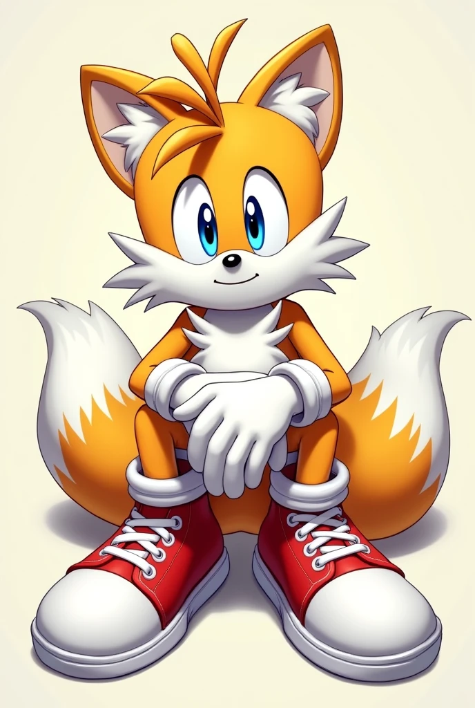 Tails cross legged at the viewer with his shoes and gloves on front view