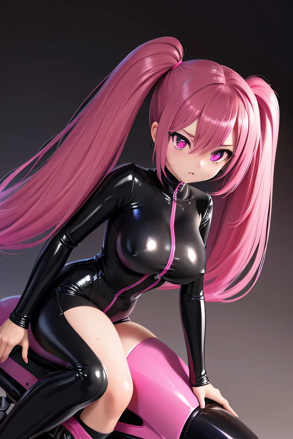 Perfect Anatomy Highest quality,Highest Resolution,(((Black latex riding suit Dark pink hair Deep pink eyes sweat))) Long twin tails straight spy expressionless Age 25 curvy woman cool