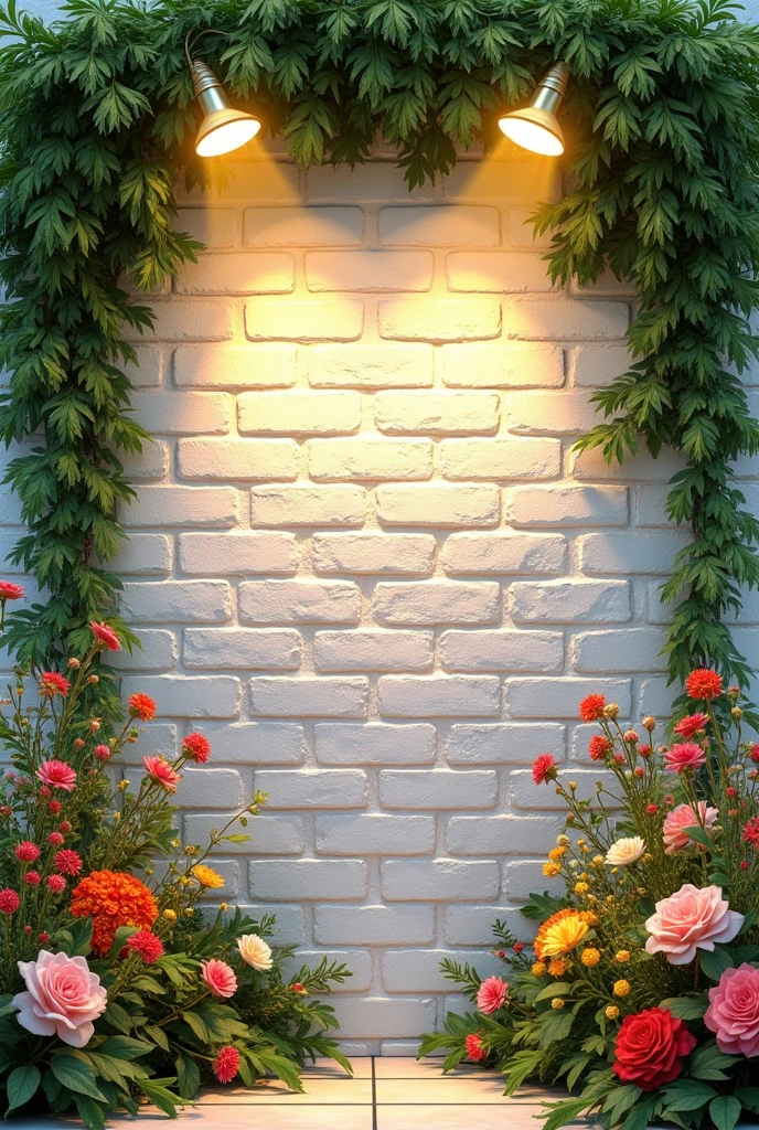 white and mixed brick wall , with many green branches on the sides and colorful flowers with yellow spotlights

 

