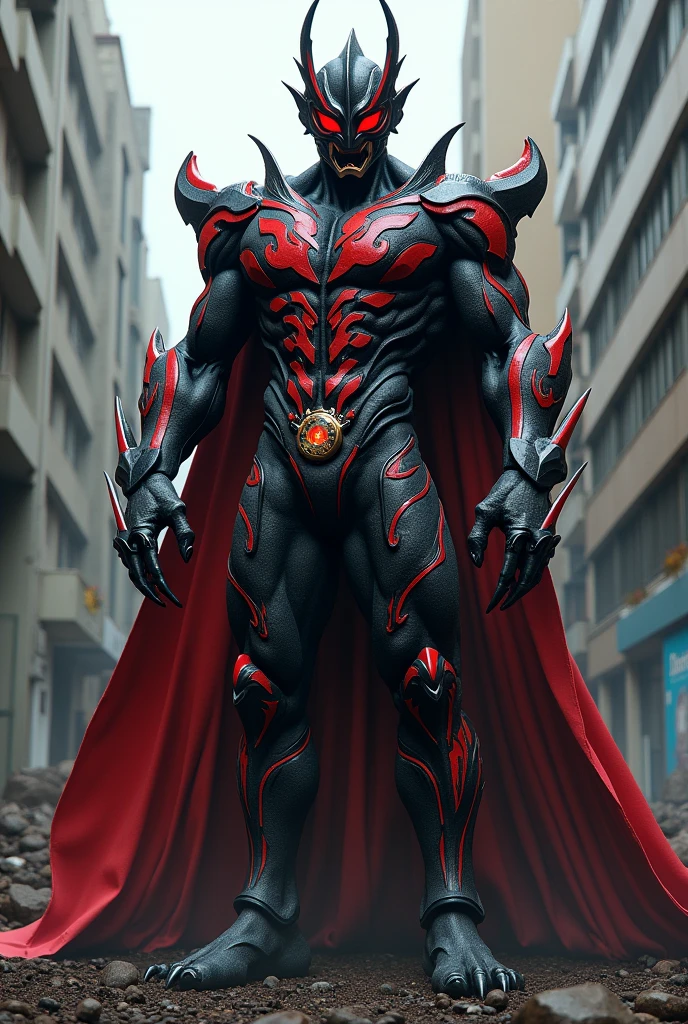 ultraman、Black body with thick red lines、bodybuilder's physique、An evil look、Eyes red、tree eyes、Eyes as thin as threads、Mask of the Black Knatta、charisma、wearing a cape、claws、a difficult one, strong bodie、Armor decoration、Red stopwatch on chest、Small round colorful stopwatch、destroy the city、natta、RAW Photos