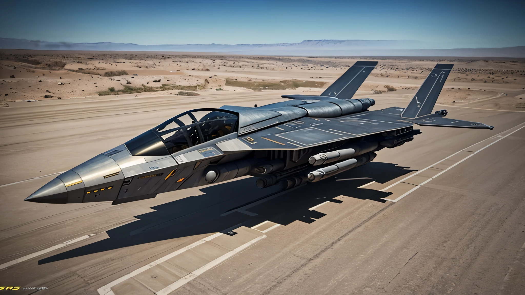 scifi, hightech spacefighter, stealth look, realistic size, realistic proportions, realistic cockpit, 2 wings, small gear, high equipted guns, star citizen, starfield, hightech, hard-surface design, daylight, ambient light, realistic view, on the ground, wide angle,