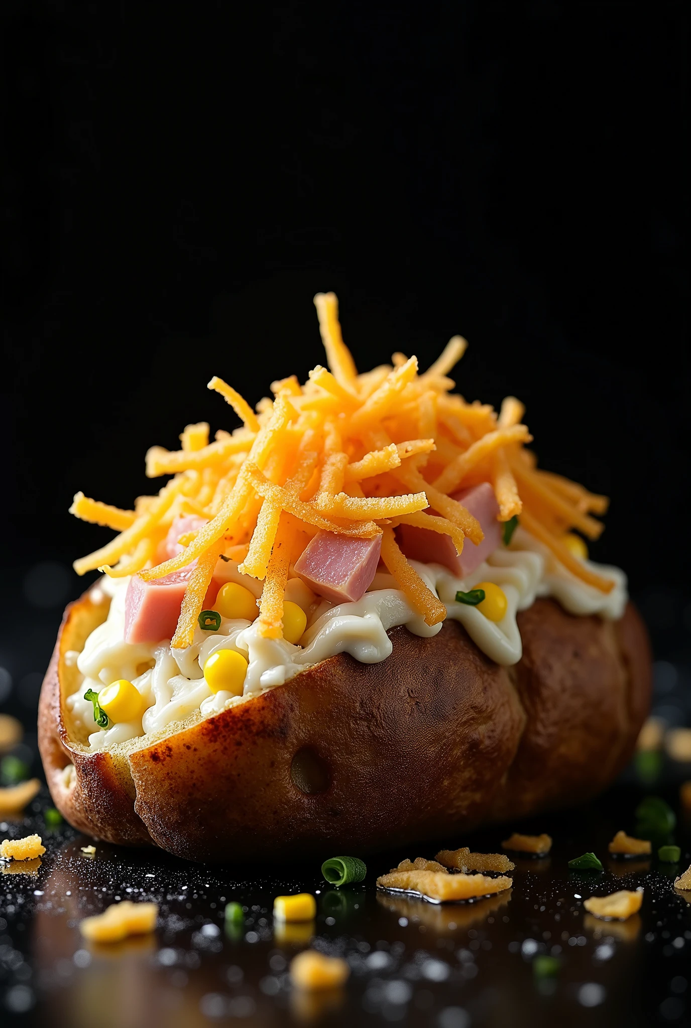 A high-quality, professional image on a black background featuring a halved baked potato stuffed with shredded chicken, sweetcorn, diced ham and cream cheese on the edges. The potato is finished with a golden, buttery layer of crispy straw potatoes running the length of the potato. The lighting is perfect to highlight the succulence of the dish, creating a 'food porn' effect that triggers a strong desire to taste and creates something in the mouth.