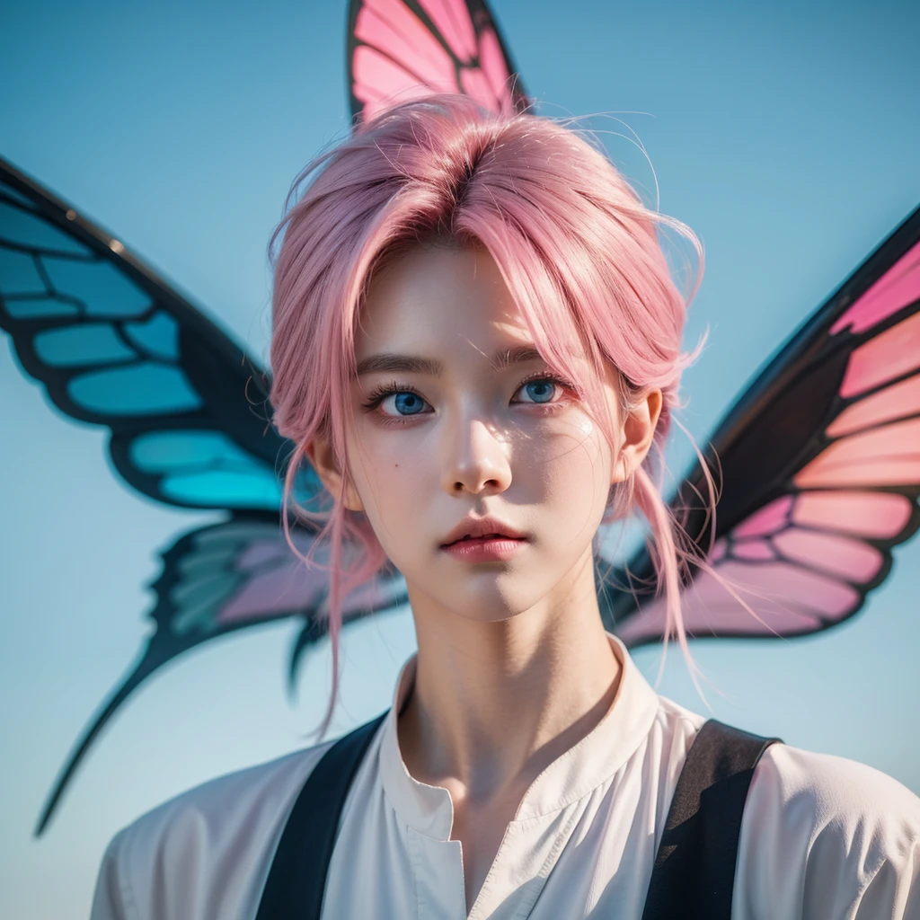 Anime style pictures,A pink hair,Man with butterfly wings, The handsome guy in Demon Slayer, Delicate hermaphroditic prince, guweiz style artwork, male anime character, Male anime style, Tall anime man with blue eyes, beautiful androgynous prince, inspired by Yanjun Cheng, Stunning anime face portraits, Young anime man, cai xukun