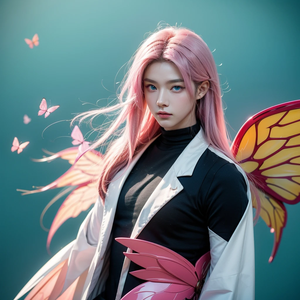 Anime style pictures,A pink hair,Man with butterfly wings, The handsome guy in Demon Slayer, Delicate hermaphroditic prince, guweiz style artwork, male anime character, Male anime style, Tall anime man with blue eyes, beautiful androgynous prince, inspired by Yanjun Cheng, Stunning anime face portraits, Young anime man, cai xukun
