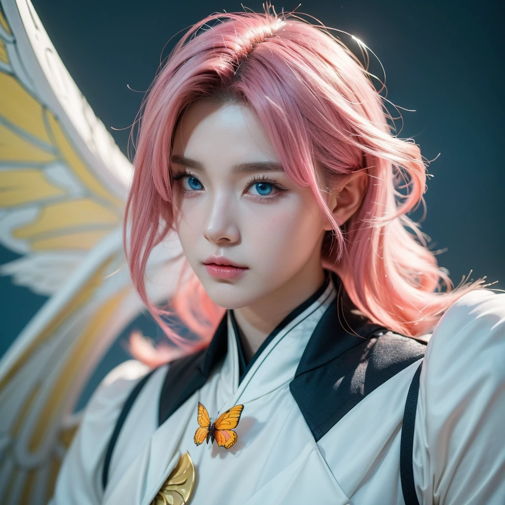 Anime style pictures,A pink hair,Man with butterfly wings, The handsome guy in Demon Slayer, Delicate hermaphroditic prince, guweiz style artwork, male anime character, Male anime style, Tall anime man with blue eyes, beautiful androgynous prince, inspired by Yanjun Cheng, Stunning anime face portraits, Young anime man, cai xukun