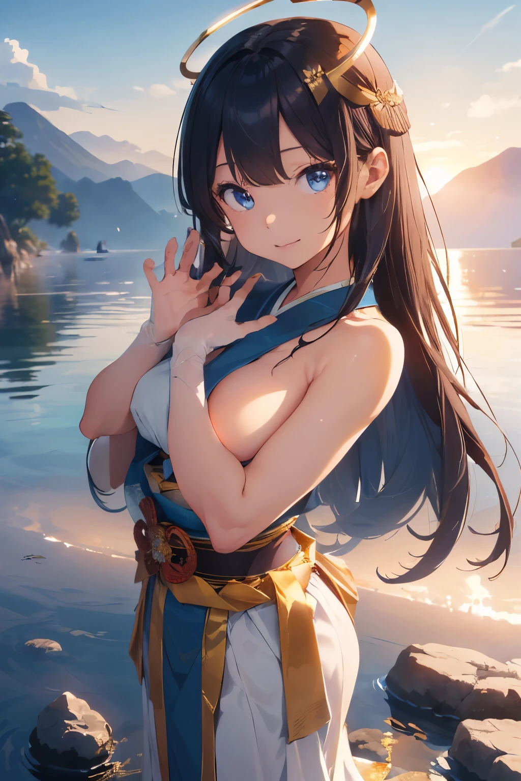 ((Top Quality)), ((Excellent)), (Details), ((Daikokutennyo)), ((Japanese Goddess of Wealth)), ((Paradise)), ((Nice Hands)), ((Perfect Hands)), Goddess, Full Body, Sunrise, Ultra-Realistic, Stunning Environment, Bright Colors, Shiny Hair, Blunt Bangs, ((Topless)),Gold loincloth, ((Halo)), ((Blue Eyes)), ((Nice Hands)), ((Perfect Hands)), ((Five Fingers)),