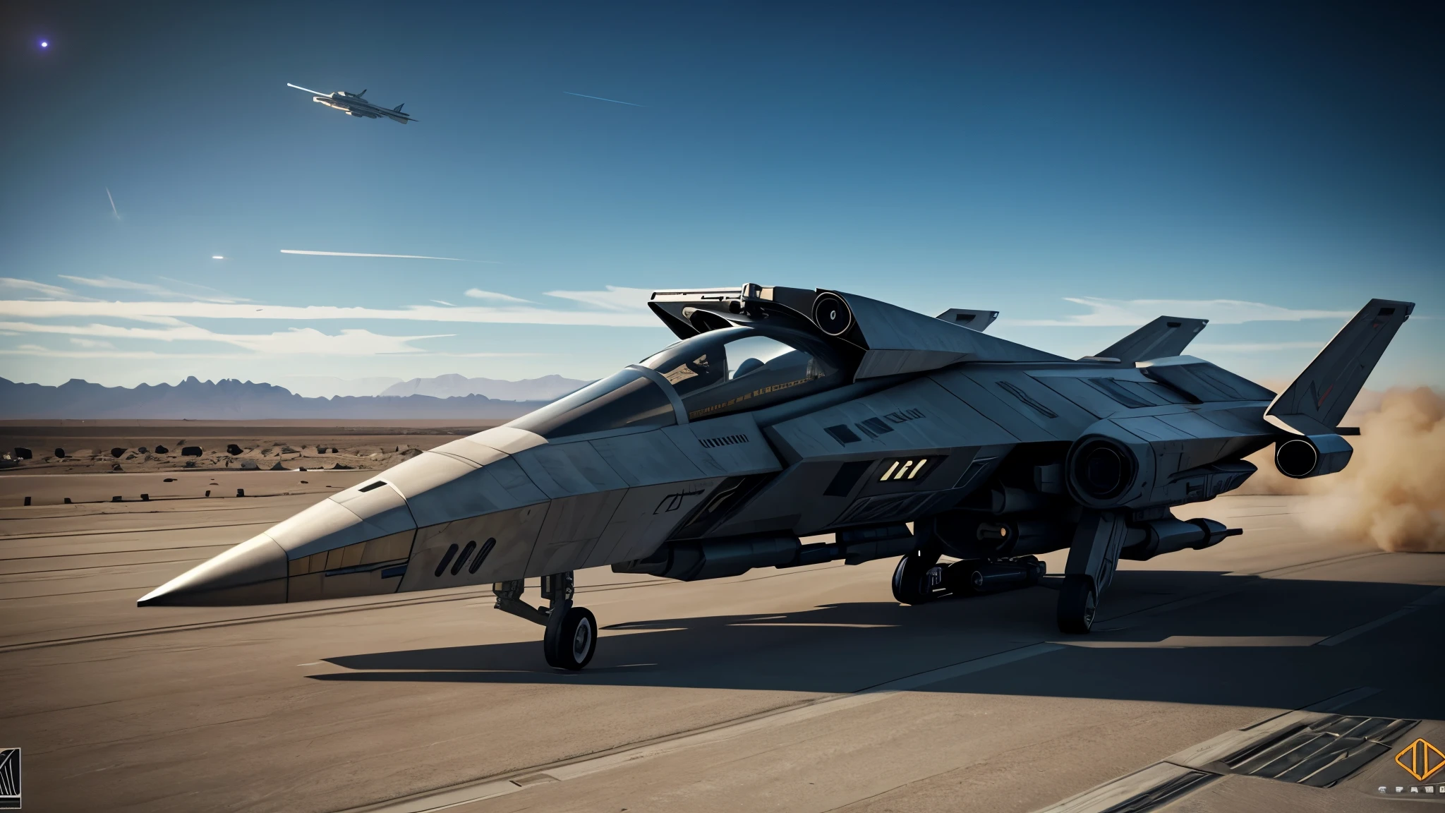 scifi, hightech spacefighter, stealth look, realistic size, realistic proportions, realistic cockpit, 2 wings, small gear, high equipted guns, star citizen, starfield, hightech, hard-surface design, daylight, ambient light, realistic view, on the ground, wide angle,