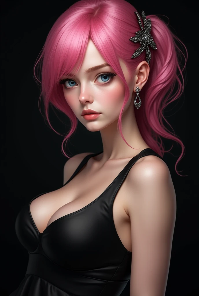 (masterpiece), (best quality:1.5), (highres), 1girl, solo, pink hair, hair ornament, Animal ears, jewelry Earring, blue eyes, black dress, standing upper body, indoor, simpel blackground,ultra realestic, hd,