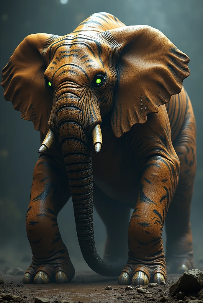 "Design a elephant and tiger fusion with glowing eyes and intertwined scales and fur, exuding raw, terrifying power."