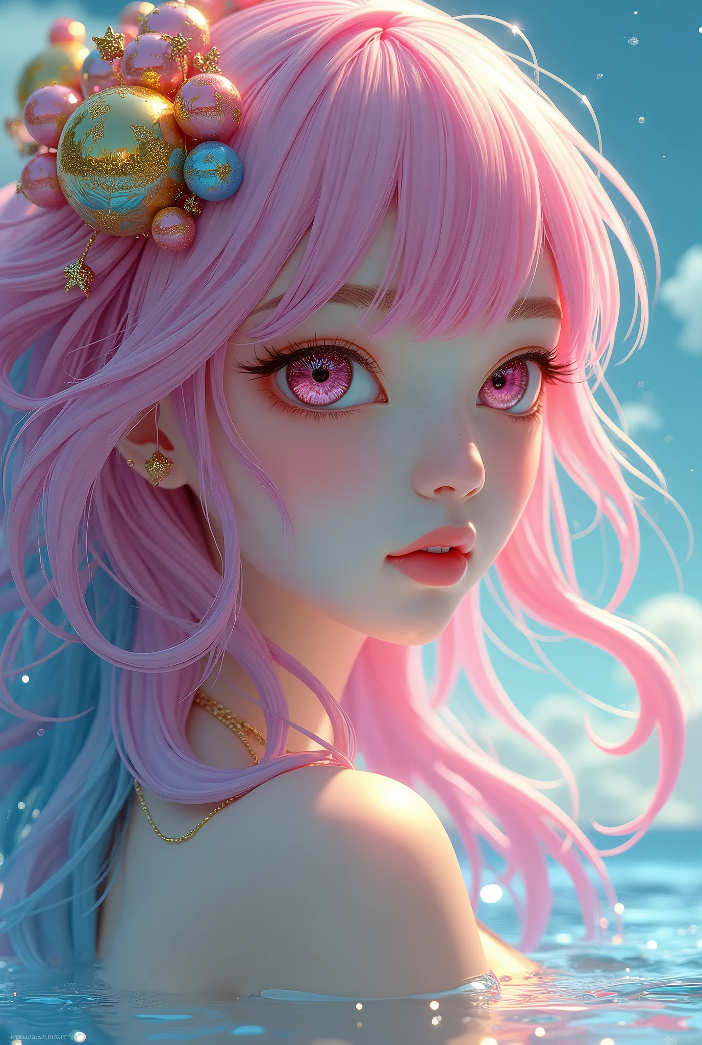 (Japanese girl:1.3), beautiful detailed eyes, beautiful detailed lips, extremely detailed eyes and face, long eyelashes, upper body, from side, looking at viewer, (fractal art:1.3), (rainbow color hair, colorful hair, half blue and half pink hair:1.2), water, liquid, cloud, colorful, starry, stars, (best quality, 4k, 8k, highres, masterpiece:1.2), ultra-detailed, (realistic, photorealistic, photo-realistic:1.37), vibrant colors, studio lighting, extremely detailed description, professional, concept art, surreal, 1920s french vibe, monochromatic gold and pink palette, in the style of french illustrator moebius, gold elements, (Chinese illustration:1.3，Paper Art:1.3, キルティングPaper Art:1.2),( Streamlined Design, Clear lines, High sharpness,Better Quality, Very detailed, Master Parts, Film Light Effect, 4K ) Illustration design, porcelain doll skin, beautiful detailed eyes, beautiful detailed lips, extremely detailed gold eyes and face, long eyelashes, upper body, from side, looking at viewer, (fractal art:1.3), (pink hair:1.2), water, liquid, cloud, colorful, starry, stars, (best quality, 4k, 8k, highres, masterpiece:1.2), ultra-detailed, (realistic, photorealistic, photo-realistic:1.37), vibrant colors, studio lighting, extremely detailed description, professional, concept art, surreal, 1920s french vibe, monochromatic gold and pink palette, in the style of french illustrator moebius, gold elements,