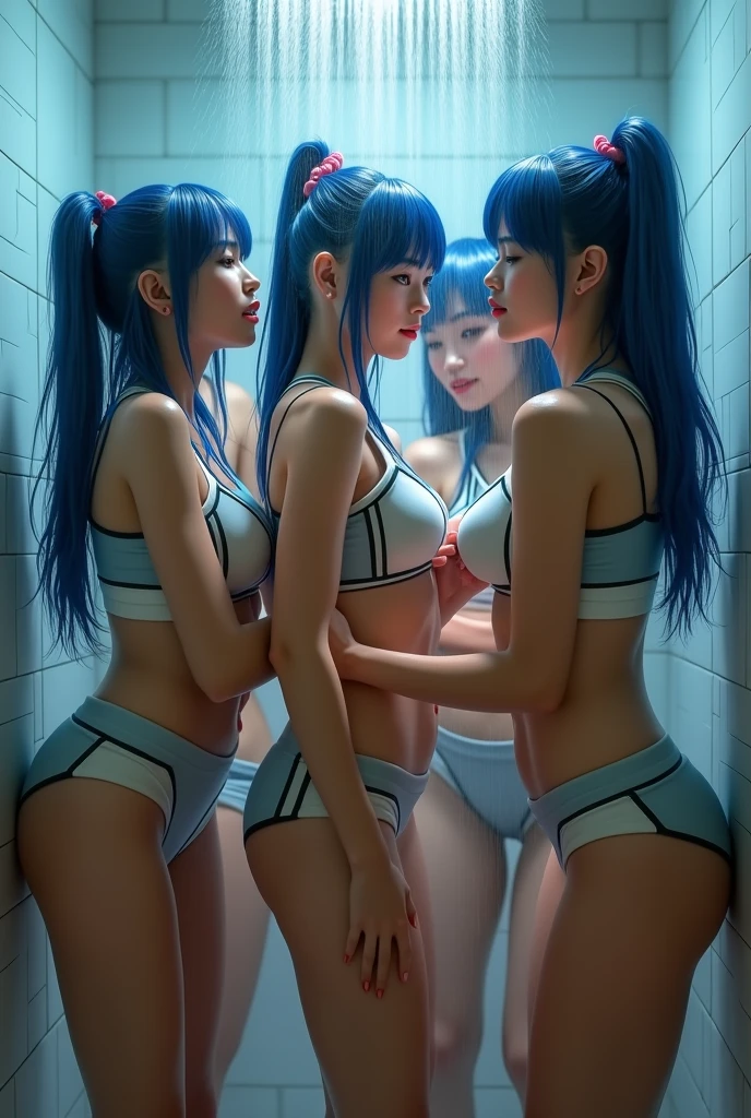 Five real sexy Young asian student cheerleader, with blue hair, having sex in the showers, high quality, photorealistic