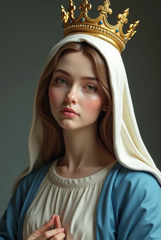 image of the Virgin Mary, she is wearing a blue and white coat, your veil is white, she is wearing a golden queen crown, image ultra realistic, the Virgin Mary has a serene and compassionate look