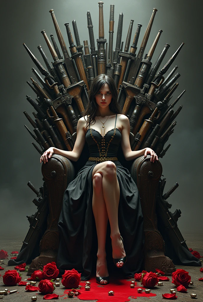 Rosario is sitting on a throne made of guns and knives. She is wearing an elegant dress, but his expression is hard and defiant. At his feet, Withered red roses and scattered bullets are seen. The throne symbolizes his power and control in a violent world., while withered roses reflect destroyed love.