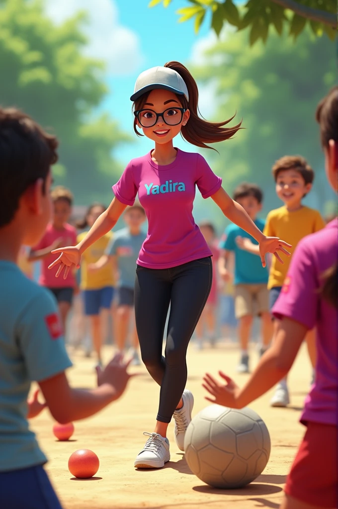 Create an image of a female physical education teacher with brown hair with a ponytail and a cap, glasses, Black pants and fuchsia shirt with the name YADIRA with blue letters on the front. In a circle with your students passing a large ball to the sides and mentioning fruits