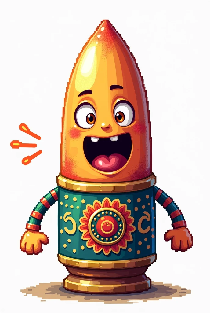 Make me a picture of a 32-bit bullet literally shouting OEEEE with a transparent background, The bullet must be Peruvian style